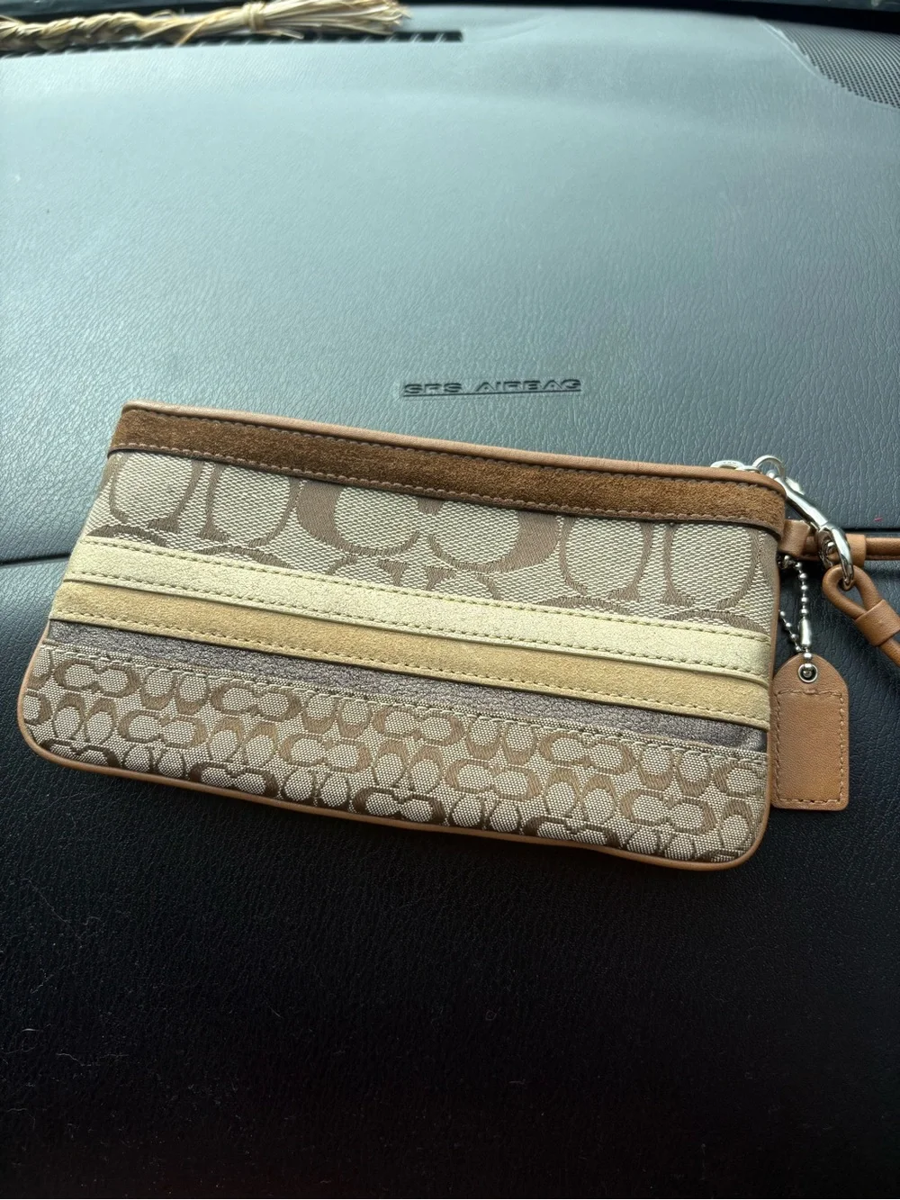 Y2K vintage Coach Signature Patchwork Wristlet in Brown, Tan, and Cream